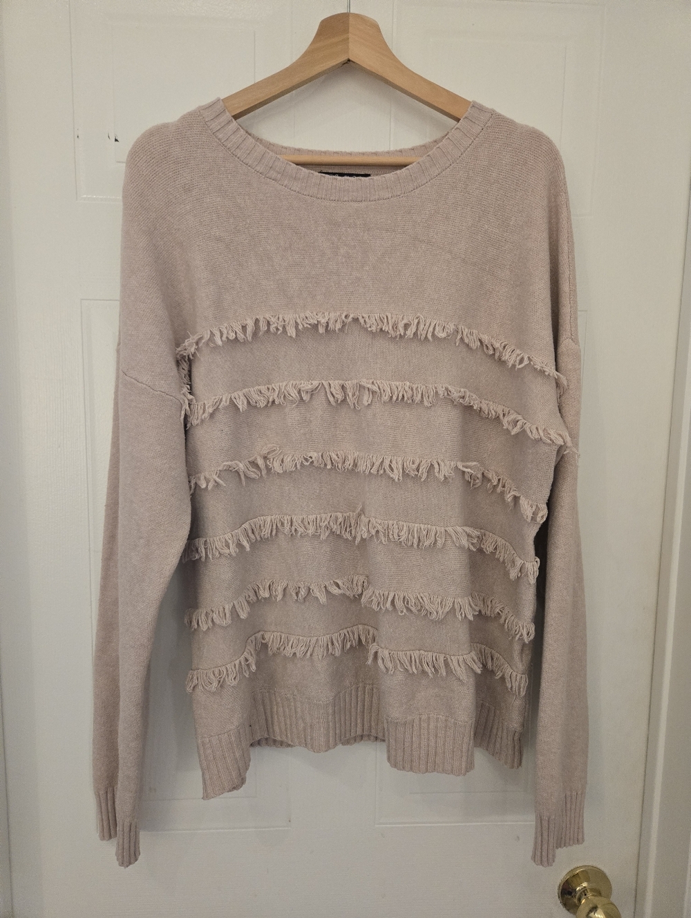 Charlie B MELANIE LYNE XL Blush Fringe-Strip Crewneck Sweater